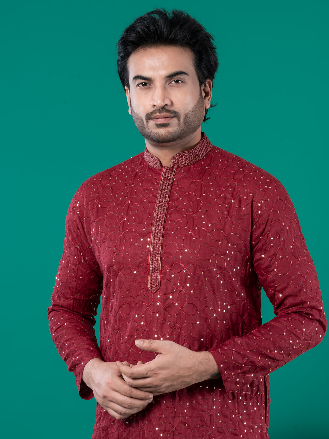 Mens Maroon Thread & Sequins Work Cotton Kurta Set