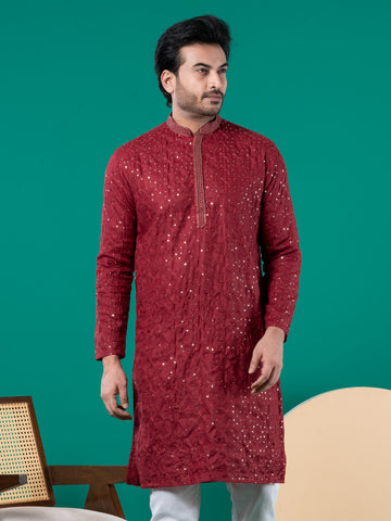 Mens Maroon Thread & Sequins Work Cotton Kurta Set