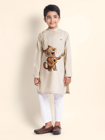 Boys Beige Cotton Kurta with Printed Design