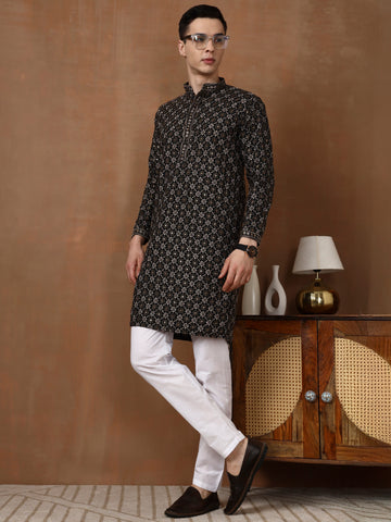 Mens Black Embellished Cotton Kurta Set