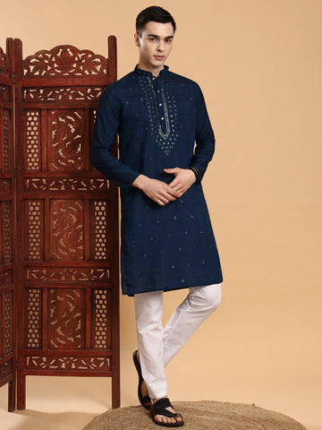 Mens Navy Blue Thread & Mirror Work Modal Silk Kurta Set