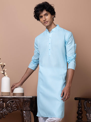 Mens Blue Plain Cotton Kurta Set