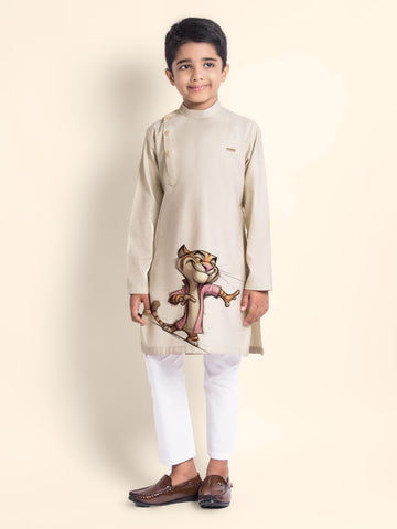 Boys Beige Cotton Kurta with Printed Design