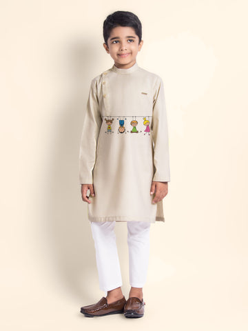 Boys Beige Cotton Kurta with Printed Design