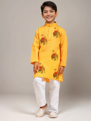 Boys Yellow Cotton Kurta with Printed Design