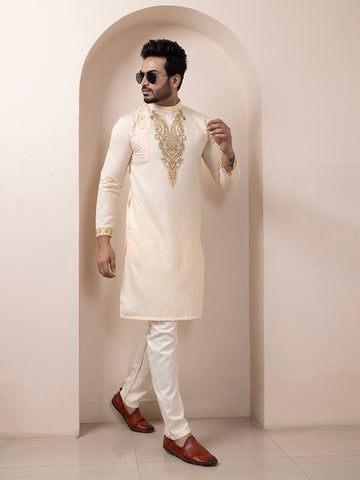Mens Beige Ethnic Print Cotton Kurta Set