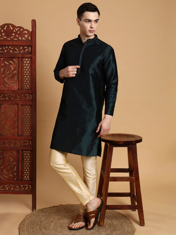 Mens Green Self Design Jacquard Silk Kurta Set