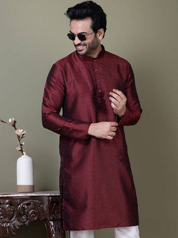 Mens Maroon Self Design Cotton Silk Kurta Set