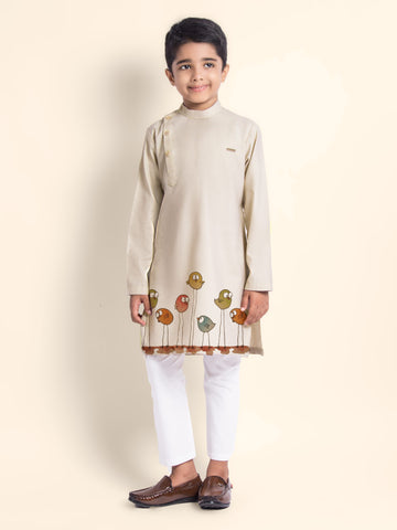Boys Beige Cotton Kurta with Printed Design