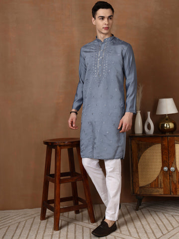 Mens Grey Thread & Mirror Work Modal Silk Kurta Set