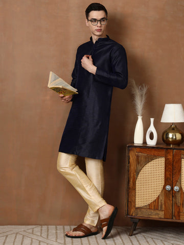 Mens Navy Blue Self Design Jacquard Silk Kurta Set