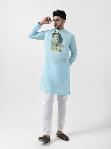 Mens Blue Lord Krishna Print Cotton Kurta Set