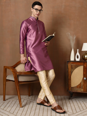 Mens Purple Self Design Jacquard Silk Kurta Set