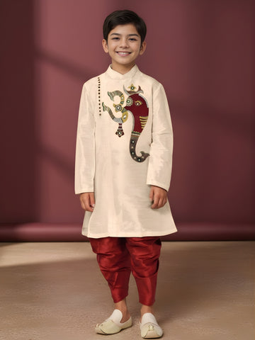 Boys Beige Printed Design Art Silk Kurta Set