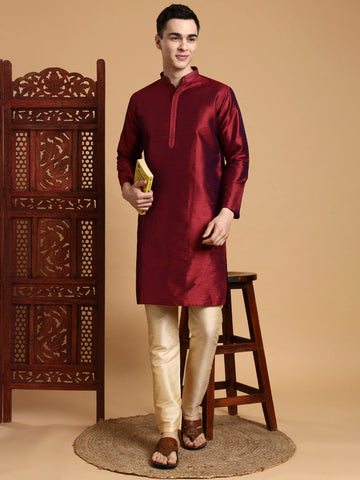 Mens Maroon Self Design Jacquard Silk Kurta Set