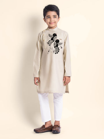 Boys Beige Cotton Kurta with Printed Design
