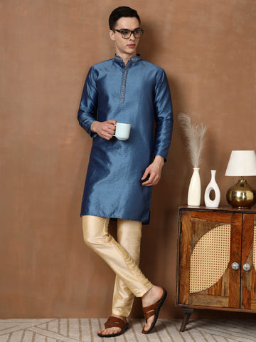 Mens Blue Self Design Jacquard Silk Kurta Set