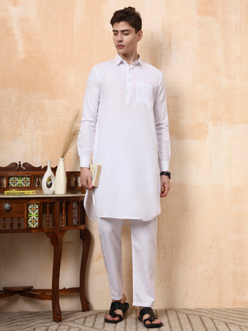 Mens White Cotton Pathani Kurta Set