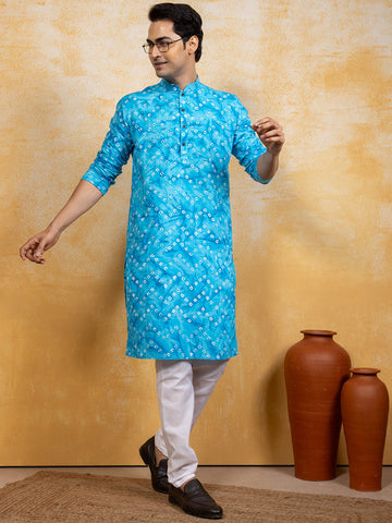 Mens Blue Bandhani Printed Cotton Kurta Set