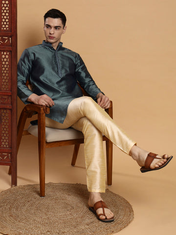 Mens Teal Green Self Design Jacquard Silk Kurta Set