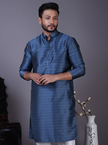 Mens Blue Self Design Cotton Silk Kurta Set