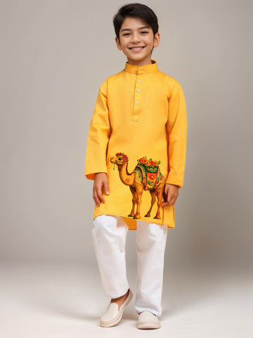 Boys Yellow Cotton Kurta with Printed Design