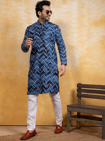 Mens Navy Blue Bandhani Printed Cotton Kurta Set