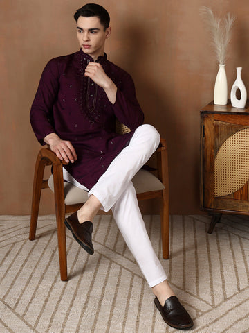 Mens Purple Thread & Mirror Work Modal Silk Kurta Set