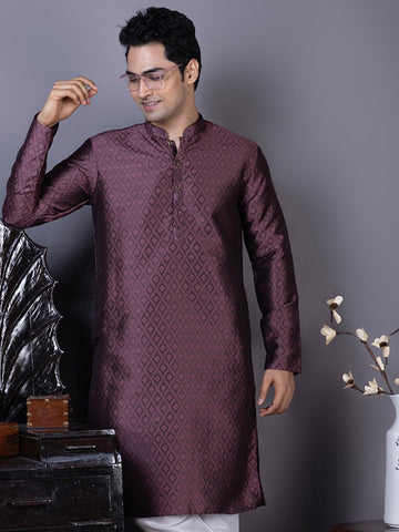 Mens Purple Self Design Cotton Silk Kurta Set