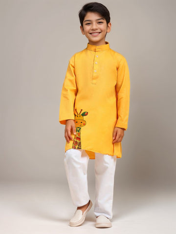 Boys Yellow Cotton Kurta with Printed Design