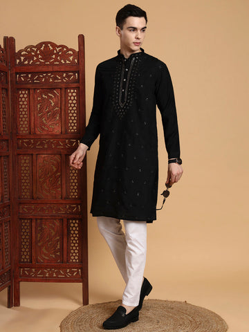 Mens Black Thread & Mirror Work Modal Silk Kurta Set
