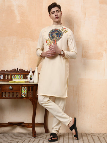 Mens Beige Ethnic Print Cotton Kurta Set