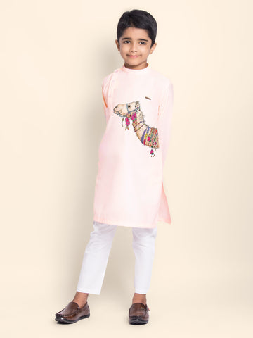 Boys Pink Cotton Kurta with Printed Design