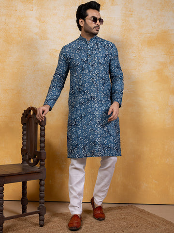 Mens Blue Floral Printed Cotton Kurta Set