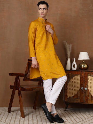 Mens Mustard Thread & Mirror Work Modal Silk Kurta Set