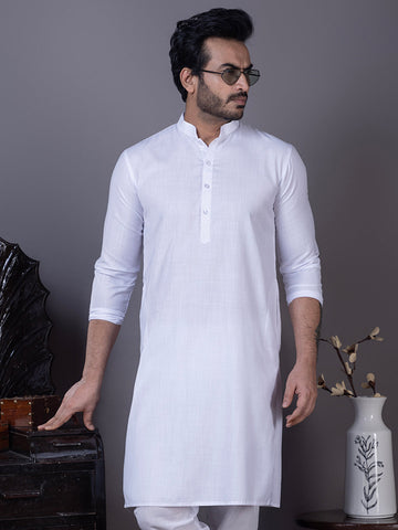 Mens White Plain Cotton Kurta Set