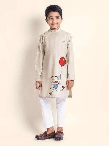 Boys Beige Cotton Kurta with Printed Design
