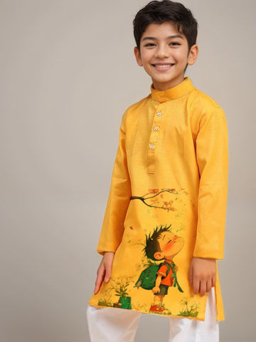 Boys Yellow Cotton Kurta with Printed Design