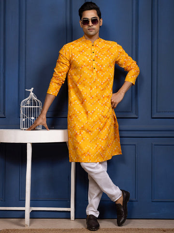 Mens Yellow Bandhani Printed Cotton Kurta Set