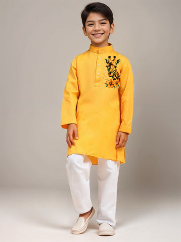 Boys Yellow Cotton Kurta with Printed Design