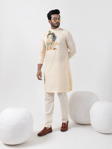 Mens Beige Lord Krishna Print Cotton Kurta Set