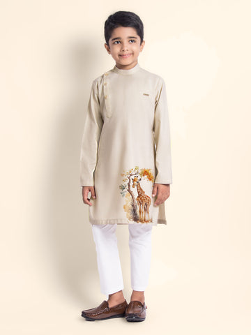 Boys Beige Cotton Kurta with Printed Design