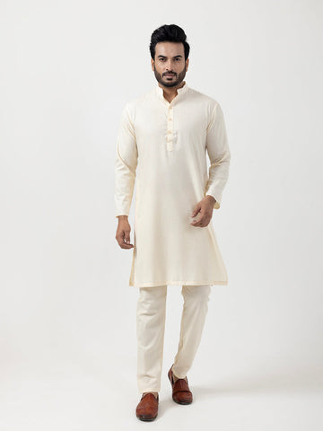 Mens Beige Plain Cotton Kurta Set