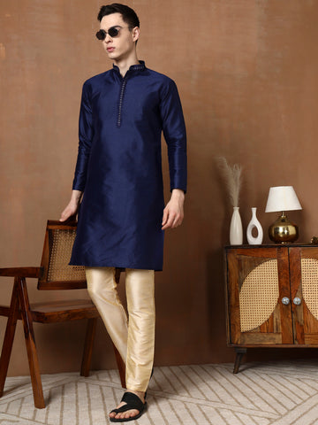 Mens Navy Blue Self Design Jacquard Silk Kurta Set