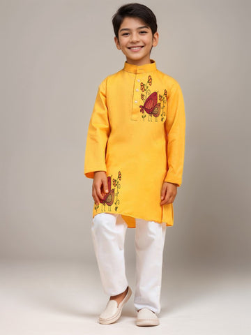 Boys Yellow Cotton Kurta with Printed Design