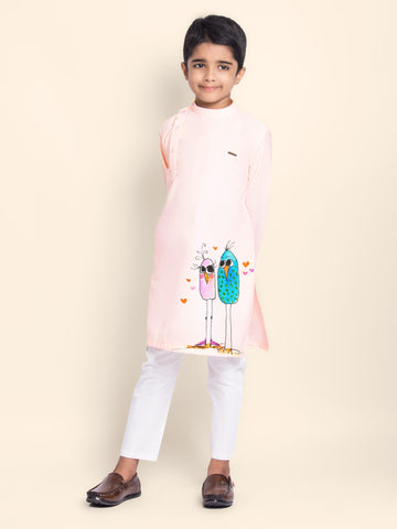 Boys Pink Cotton Kurta with Printed Design