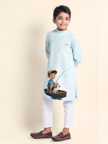 Boys Blue Cotton Kurta with Printed Design