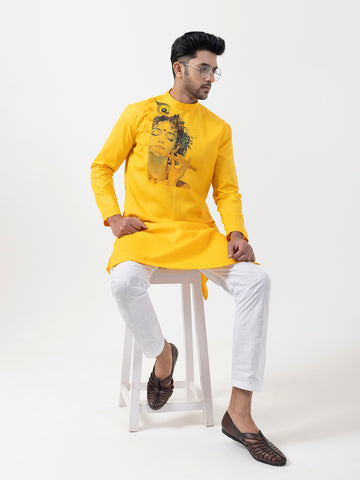 Mens Yellow Lord Krishna Print Cotton Kurta Set