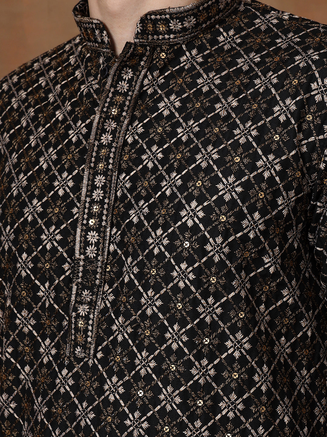 Mens Black Embellished Cotton Kurta Set