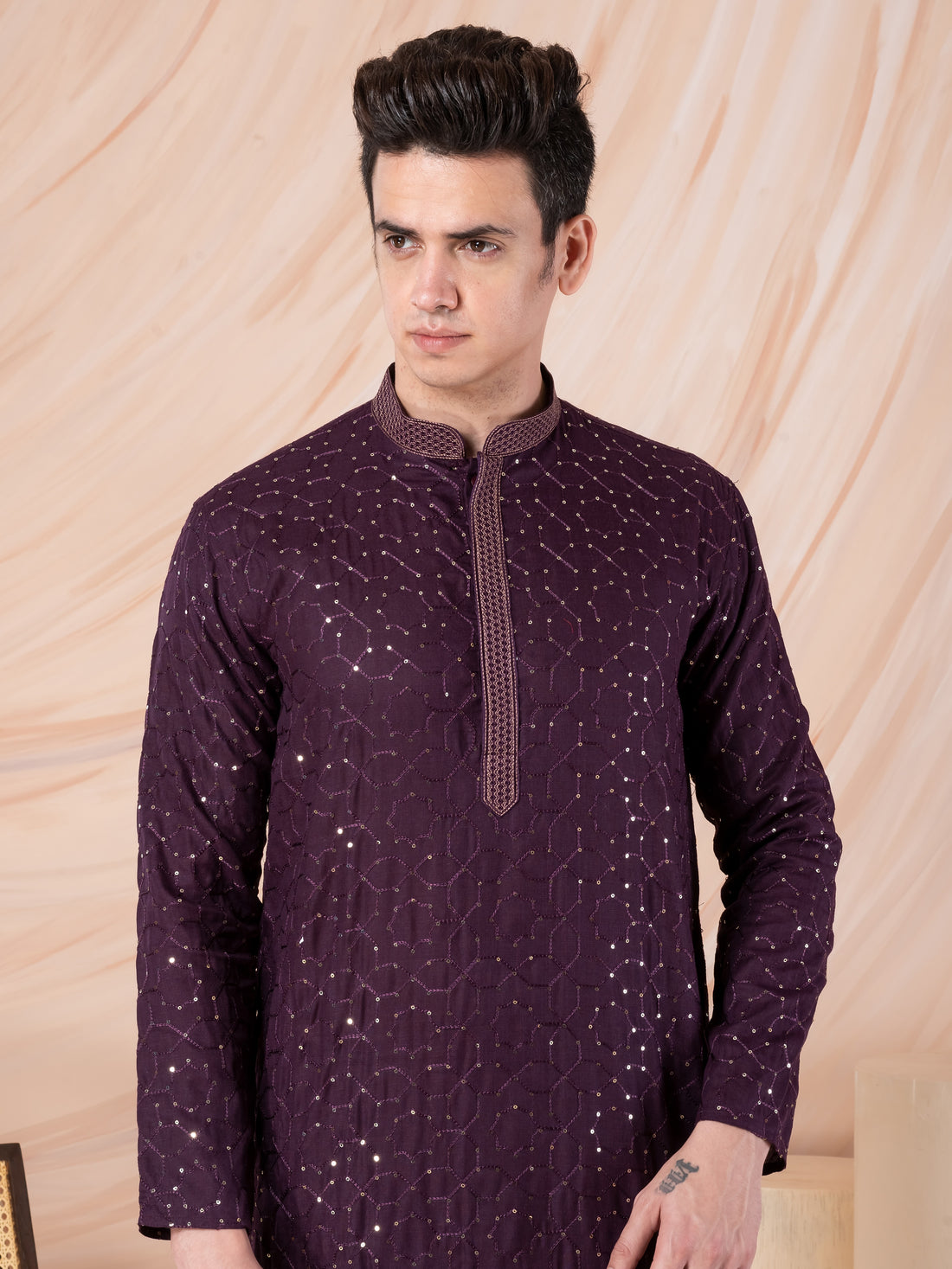Mens Purple Thread & Sequins Work Cotton Kurta Set